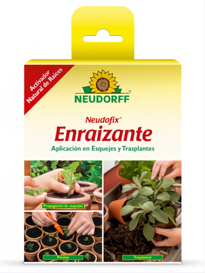 Neudofix Enraizante 2x20g box, yellow with sunflower logo, showing plant propagation steps.