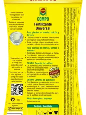 Yellow Compo Universal Liquid Fertilizer 1300ml bottle label with text and QR code.