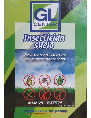 GL Center Insecticida Suelo, green and white packaging with blue sky and insect icons.