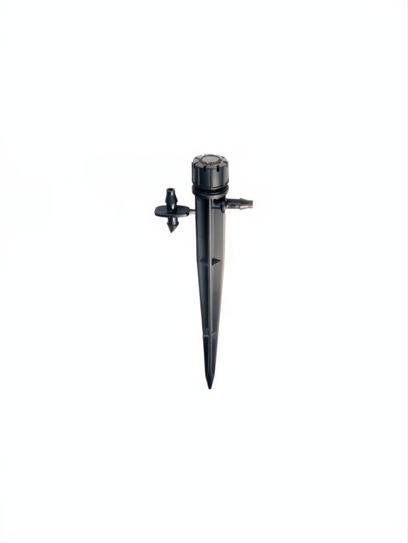 Gotero Spider-R negro con estaca y caudal regulable para riego por goteo.
