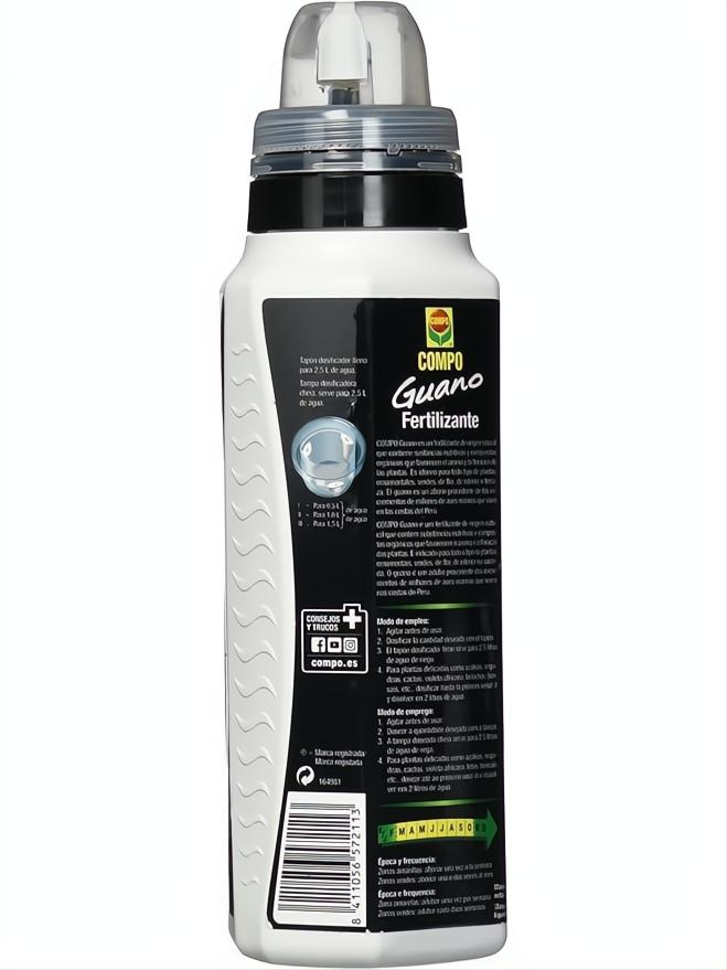 Envase blanco de fertilizante líquido Compo Guano de 1.3L con tapa dosificadora gris y etiqueta negra.