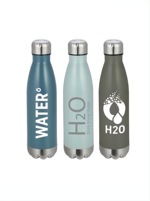 Three assorted metal water bottles: blue "WATER", light blue "H2O Drink More Water", and green "H2O" with water drops.