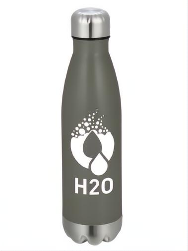 Gray metal water bottle with silver cap and base, featuring a white H2O logo.
