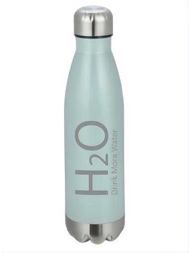 Light blue H2O insulated water bottle with a silver cap and base.