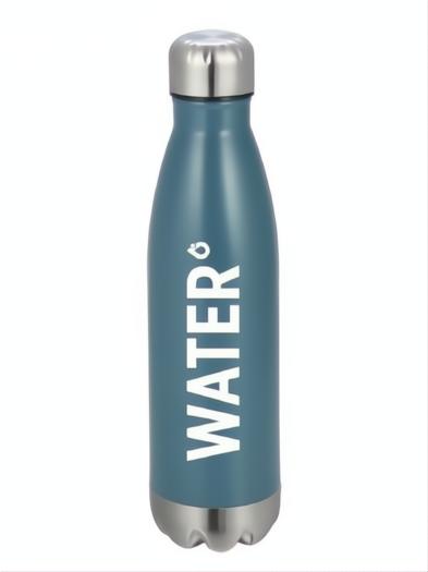 Teal metal water bottle with "WATER" printed vertically and a silver screw-top lid and base.