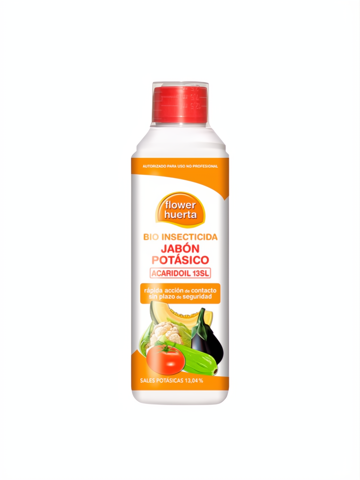 Botella blanca de Jabón Potásico Flower Huerta con tapa roja, etiqueta naranja y vegetales.