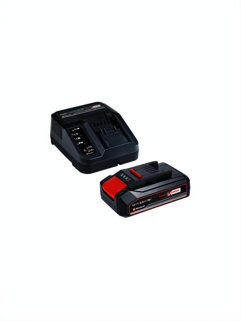 Cargador Power-X negro con batería de repuesto 18V 2.5Ah, detalles rojos.