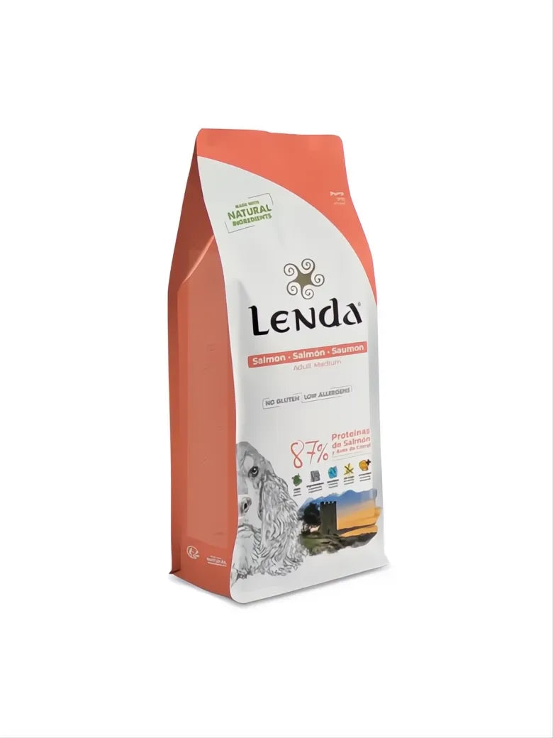 Lenda Original Salmon 3kg dog food bag, white and orange with a dog and landscape graphic.