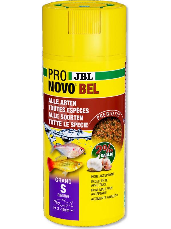 JBL Novo Bel 100ml, yellow container of fish food flakes with images of fish, garlic, and water.