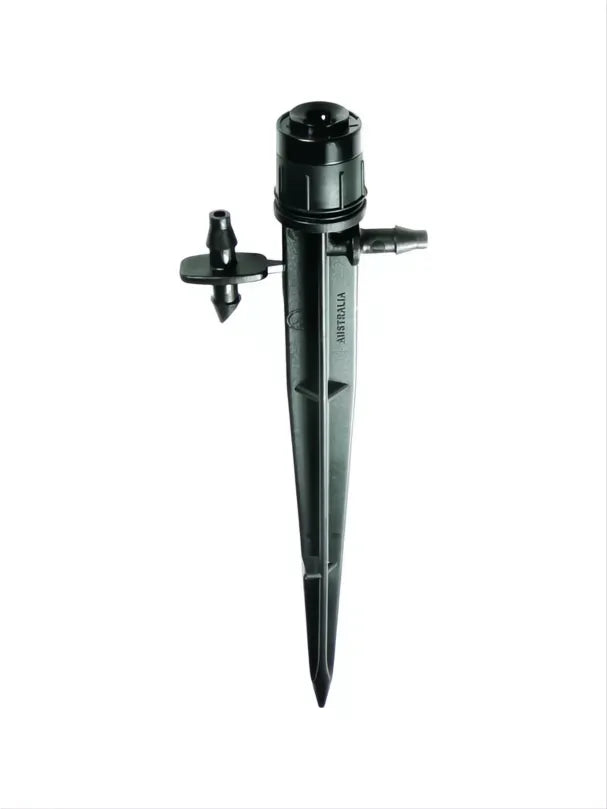 Gotero regulable Spectrum-R negro con estaca, caudal 0-80 L/h, para riego por goteo.