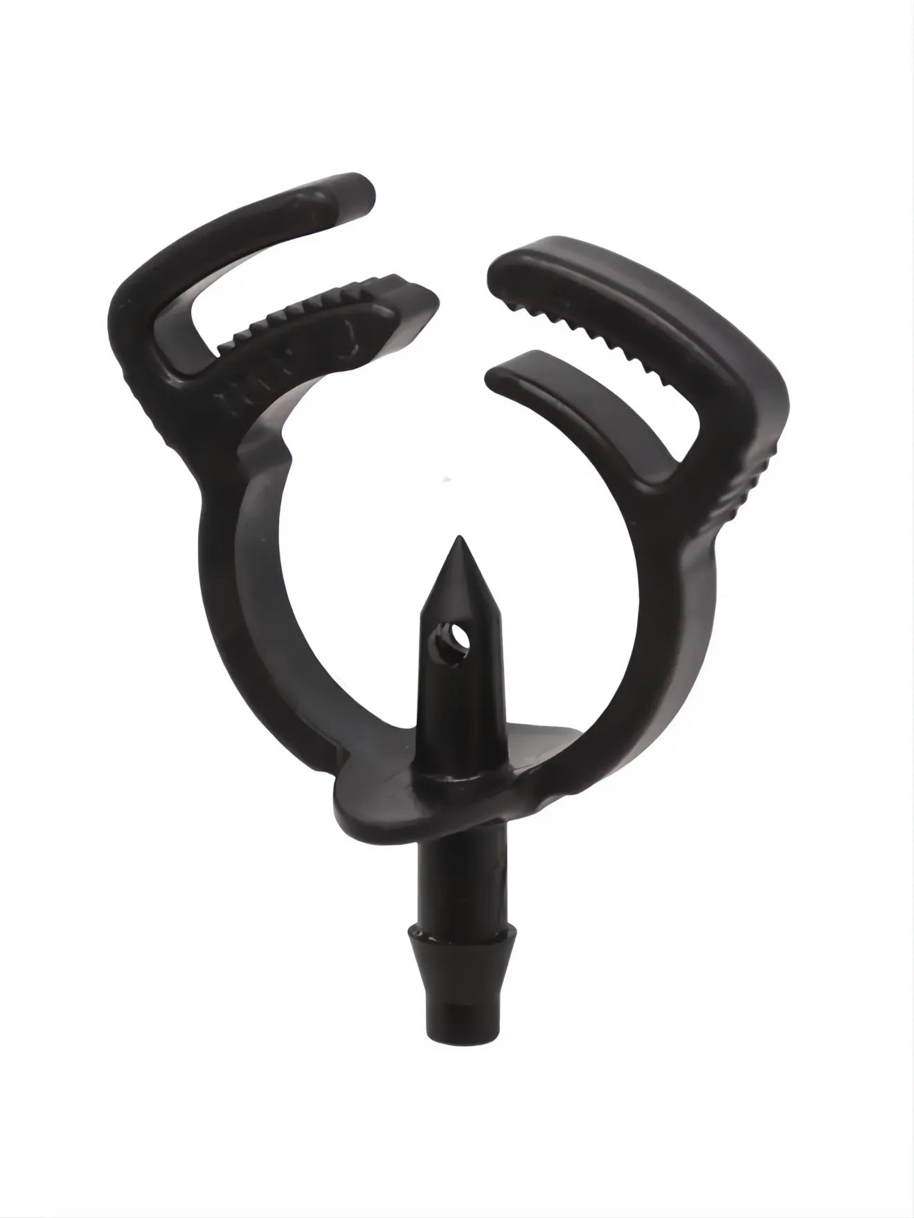 Collarín automático negro de plástico para riego por goteo, con punta perforadora y conexión para microtubo.
