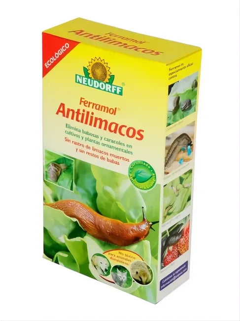 Caja amarilla de Ferramol Antilimacos para eliminar babosas y caracoles, con imágenes de plantas y animales.