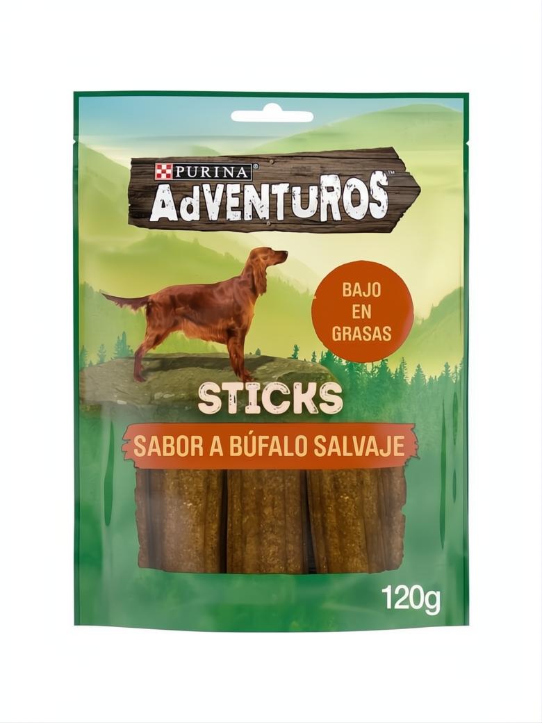 Purina Adventuros Sticks sabor a búfalo salvaje, bajo en grasas, 120g, con perro explorador en el empaque.