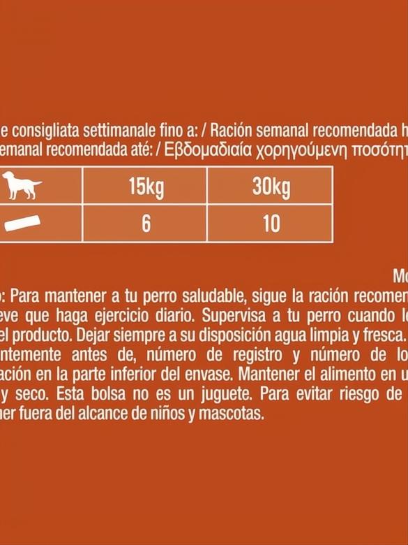 Tabla de ración semanal recomendada para perros de 15kg y 30kg, con texto informativo en español.