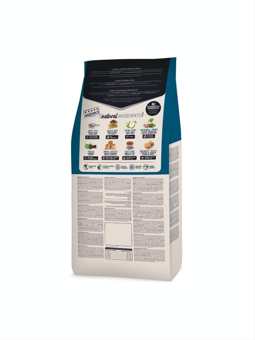 OWNAT CLASSIC FISH 4 KG dog food bag, white and blue, showing "natural ingredients" and nutritional details.