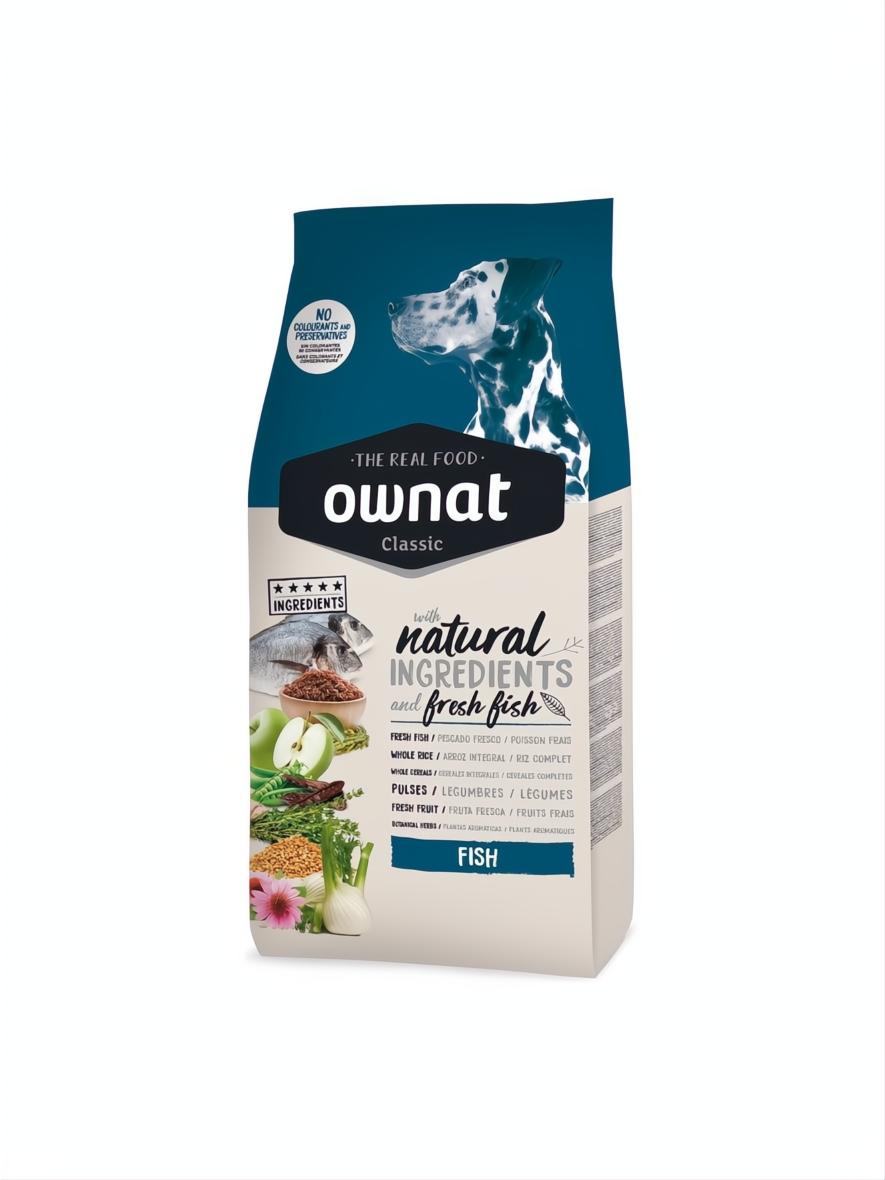 Ownat Classic Fish 4 KG dog food bag with a dalmatian, fresh fish, vegetables, and grains.