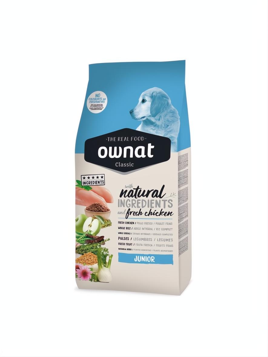 Ownat Classic Junior 4 kg dog food bag with puppy, natural ingredients, and blue & beige design.