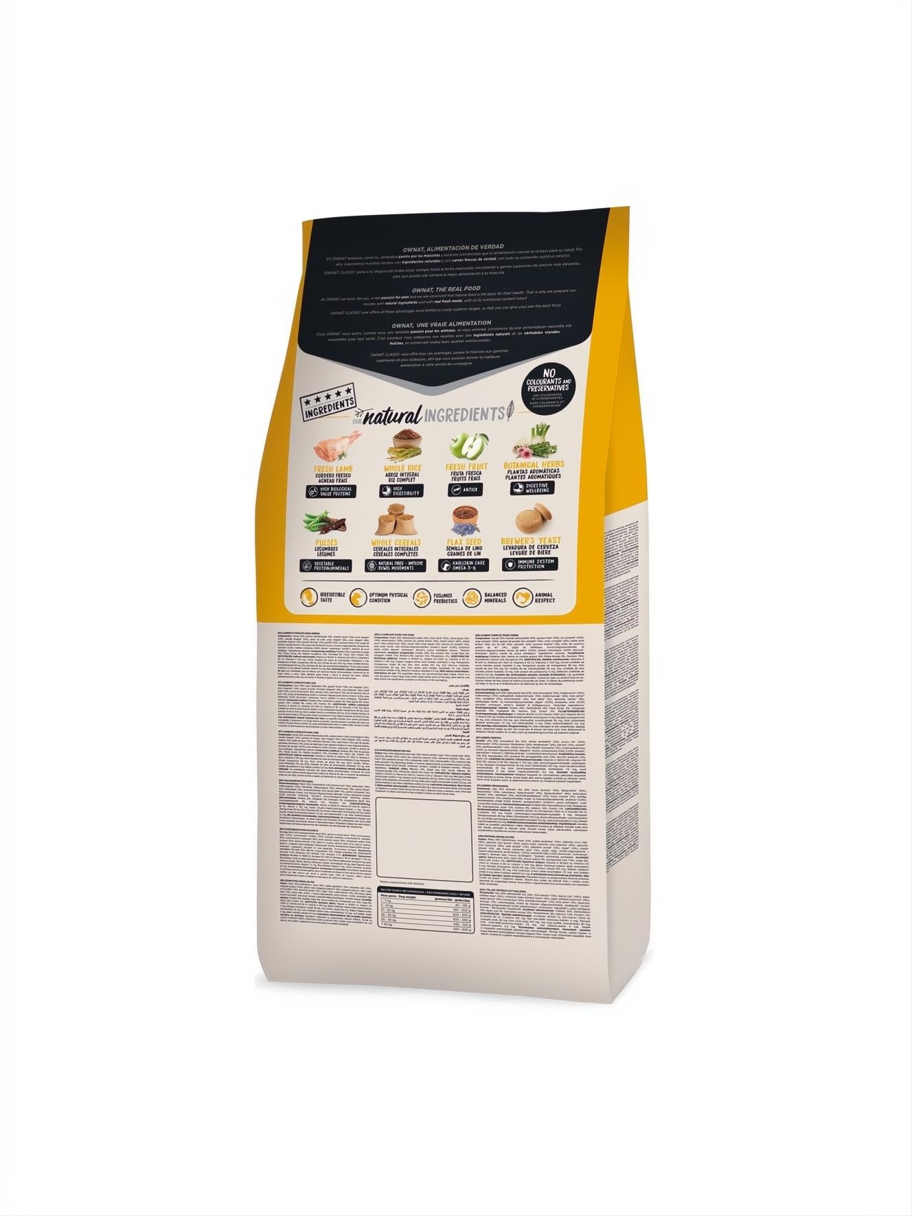 Ownat Classic Lamb & Rice 12 kg dog food bag, white and yellow with ingredient icons.