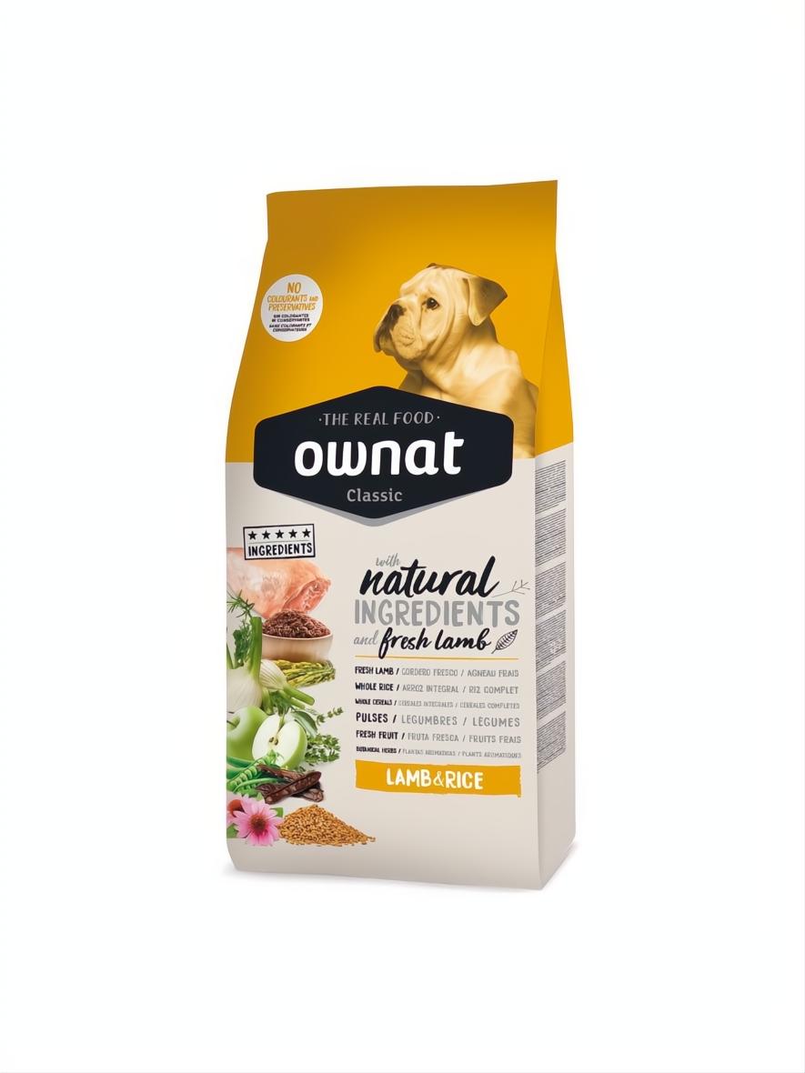 Ownat Classic Lamb & Rice 12 kg dog food bag with a puppy, natural ingredients, and yellow top.