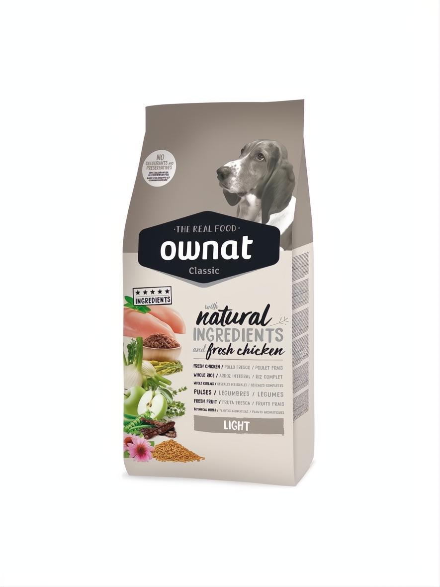 Ownat Classic Light 12kg dog food bag with a basset hound and natural ingredients like chicken, rice, and fruit.