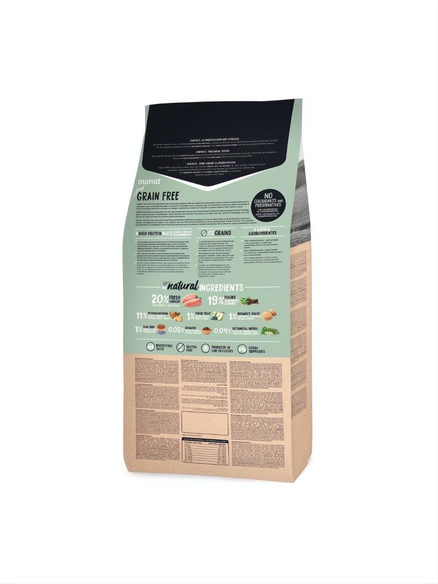 Ownat Grain Free Adult Chicken 3 kg dog food bag, brown and green with ingredient details.