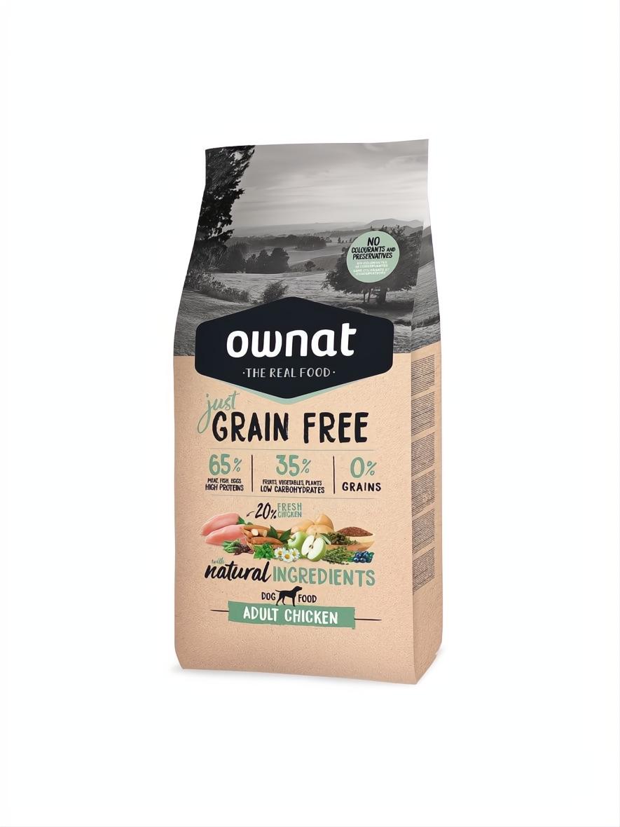 Ownat Grain Free Adult Chicken 3kg dog food bag with natural ingredients and a landscape background.