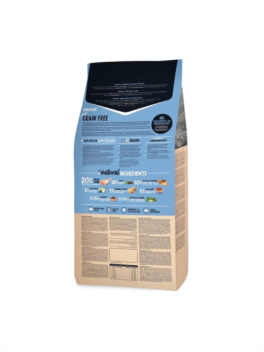 Ownat Grain Free Just Adult Lamb 3kg dog food bag, blue and brown with ingredient details.