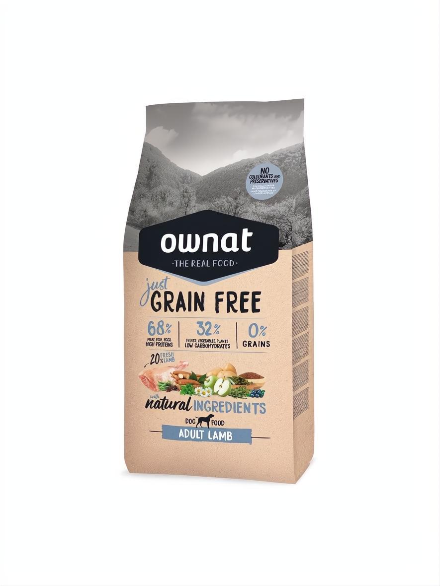 Ownat Grain Free Just Adult Lamb 3kg dog food bag with natural ingredients.