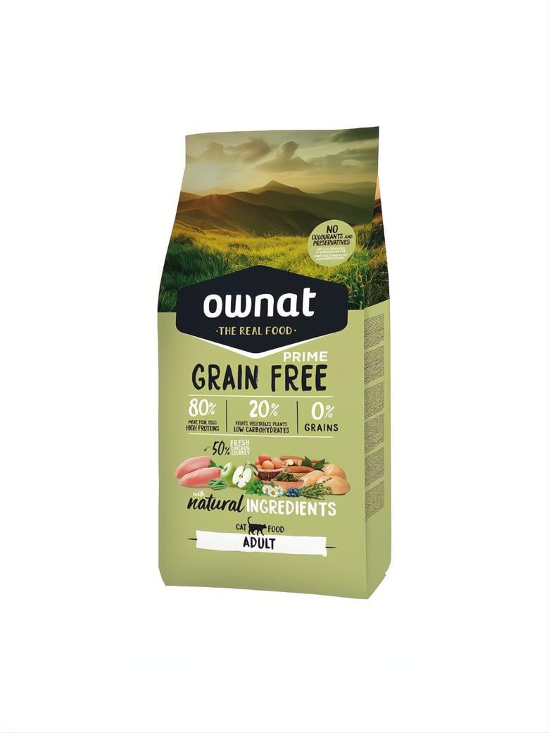 Ownat Prime Grain Free Adult Cat Food 8kg bag with chicken, turkey, and natural ingredients.
