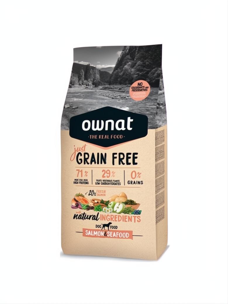 Ownat Just Grain Free Adult Salmon & Seafood dog food, 3 kg, in a beige and black bag.