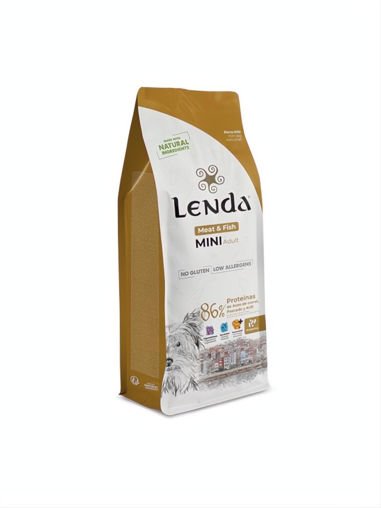 Lenda Mini Meat & Fish 6kg dog food bag, white and gold with a small dog illustration.