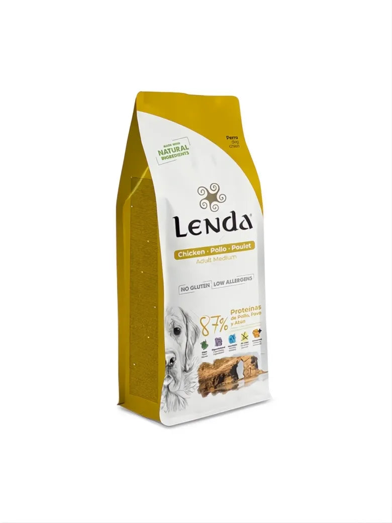 Lenda Chicken Pollo Poulet Adult Medium dog food, 2kg bag, white and yellow design with golden retriever.