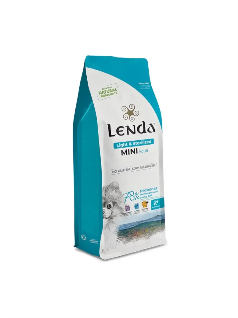 Lenda Mini Light & Sterilized 2kg dog food bag, white and teal with a puppy graphic.
