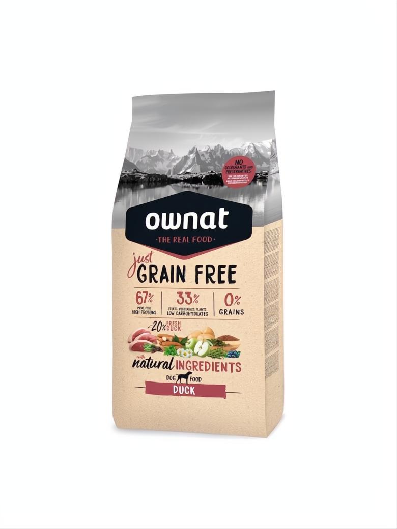 Ownat Just Grain Free Duck 3kg dog food bag with natural ingredients and mountain lake design.