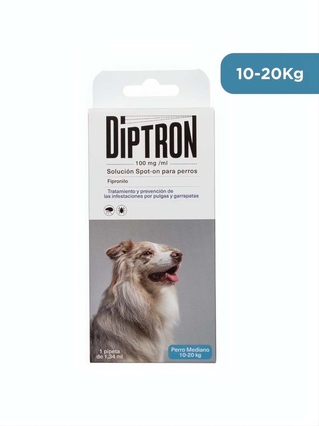 Caja blanca de Diptron Pipeta para perros 10-20kg, con foto de perro y texto antiparasitario.
