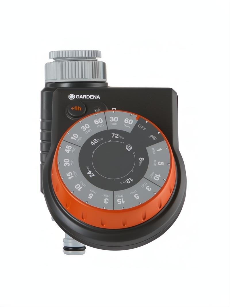 Programador de riego GARDENA Easy Promo negro y naranja con dial de control.
