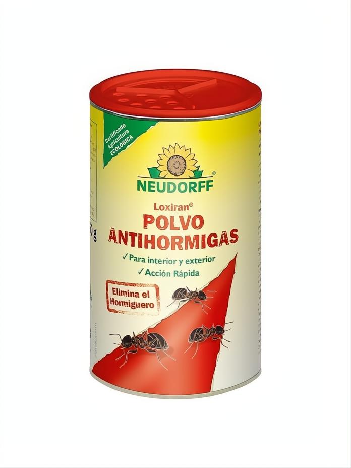 Bote de Loxiran Polvo Antihormigas Neudorff 250g, blanco y amarillo con tapa roja, mostrando hormigas.