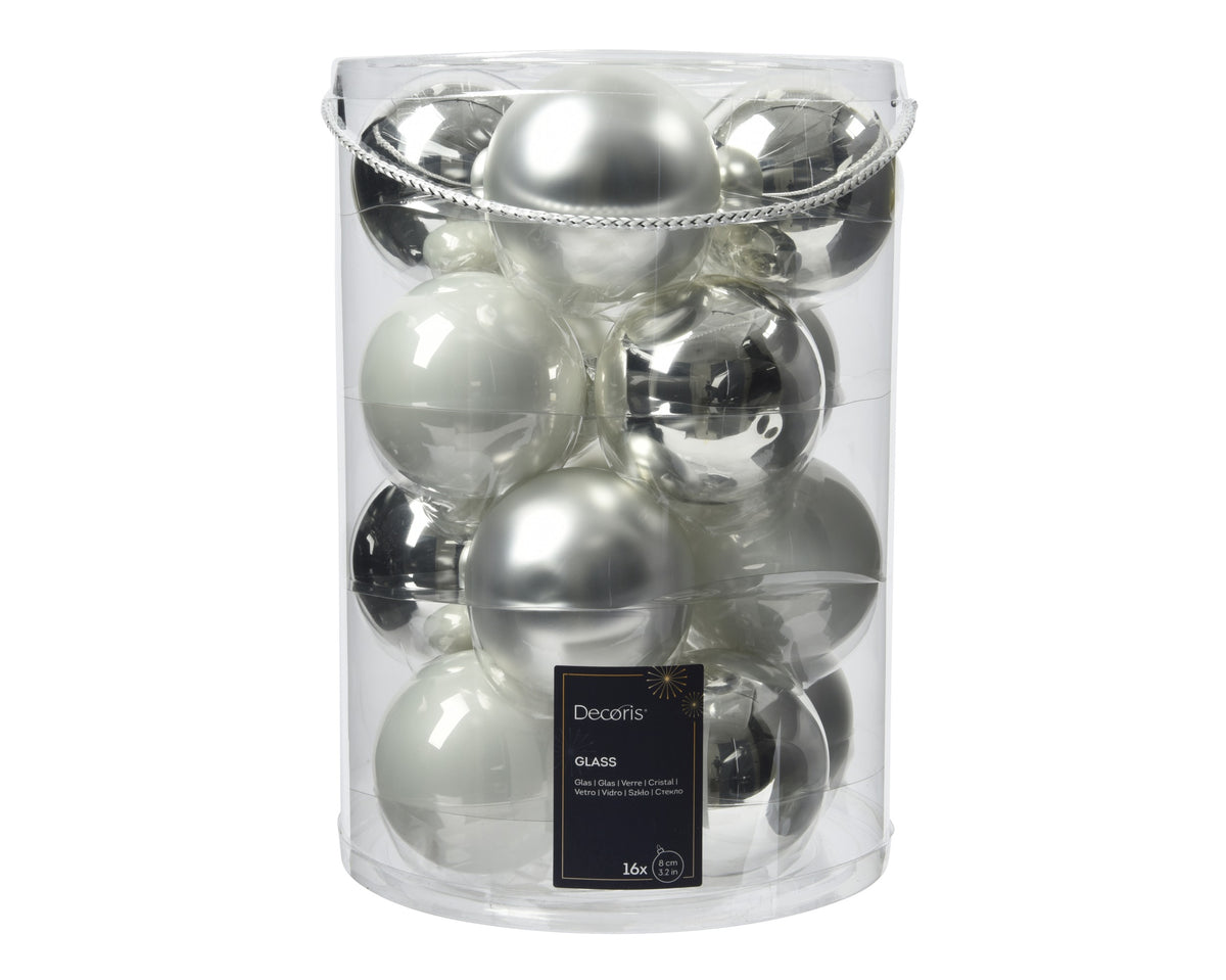 BAUBLES GLASS ENAMEL D8CM WHITE SILVER