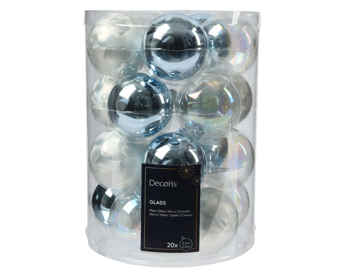 BAUBLE GLASS SHINY D6CM BLUE/WHITE