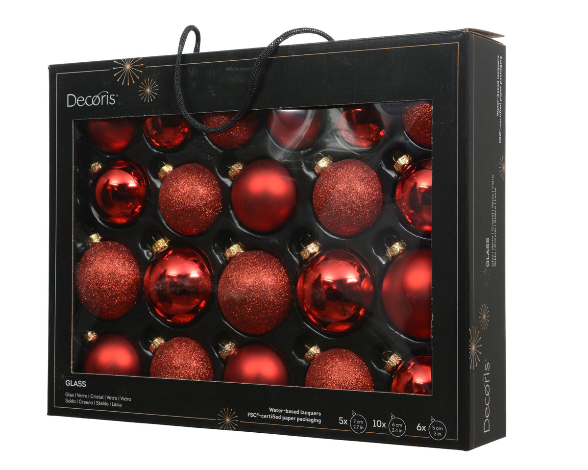 BAUBLES GLASS SHINY TRANSP MIX CHRISTMAS RED