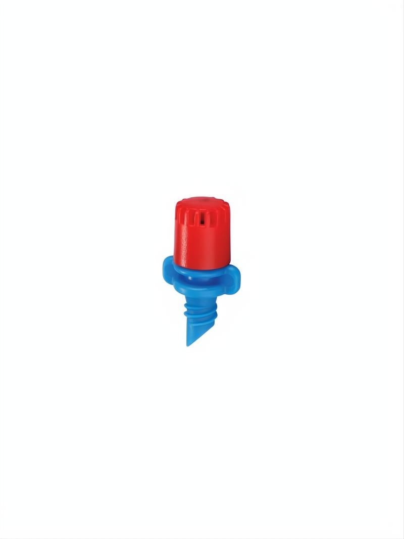 Microdifusor Max360 rojo y azul para riego por goteo, con cobertura de 360 grados.