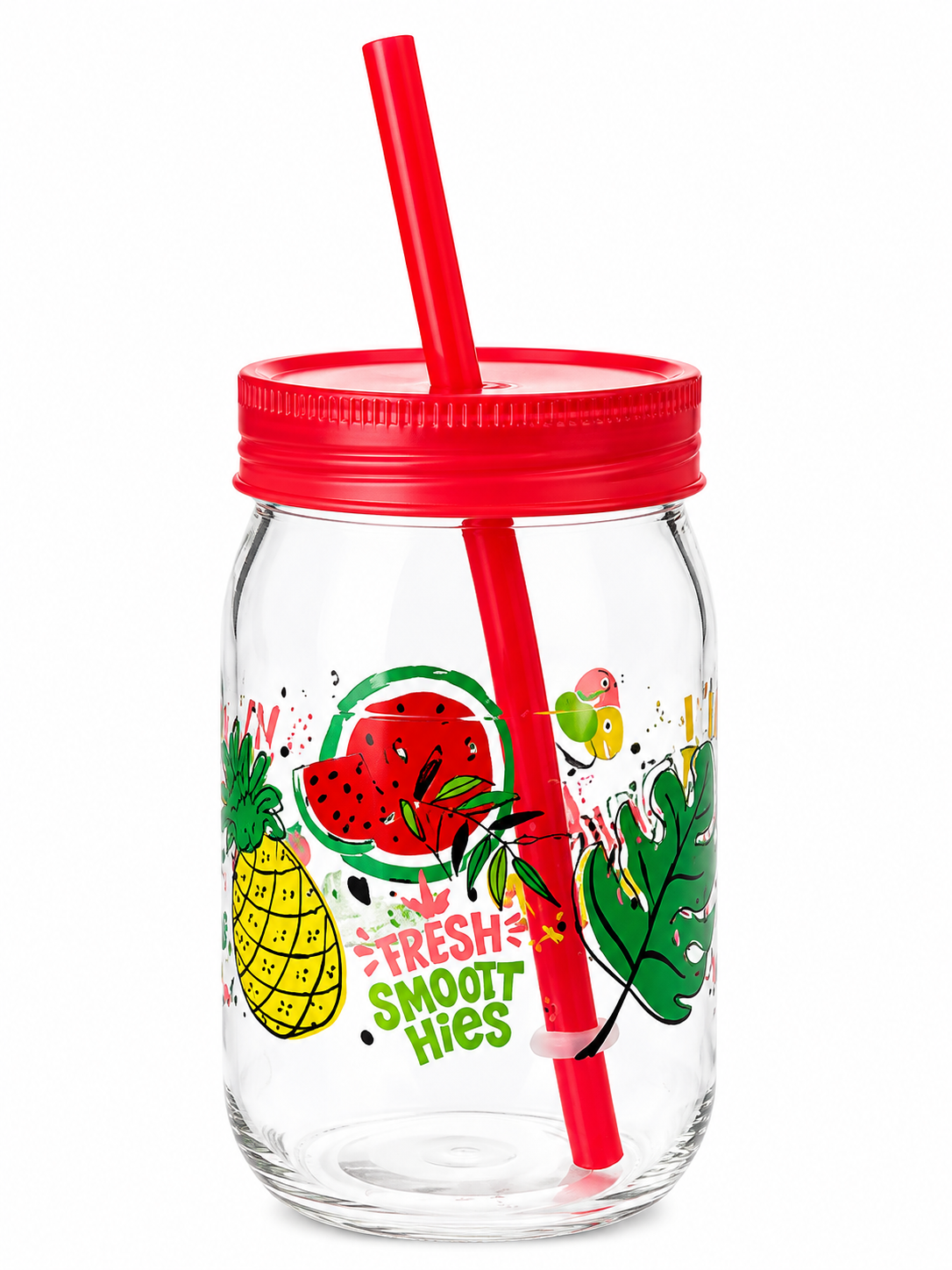DRINKING MUG 370ML GLASS STRAW