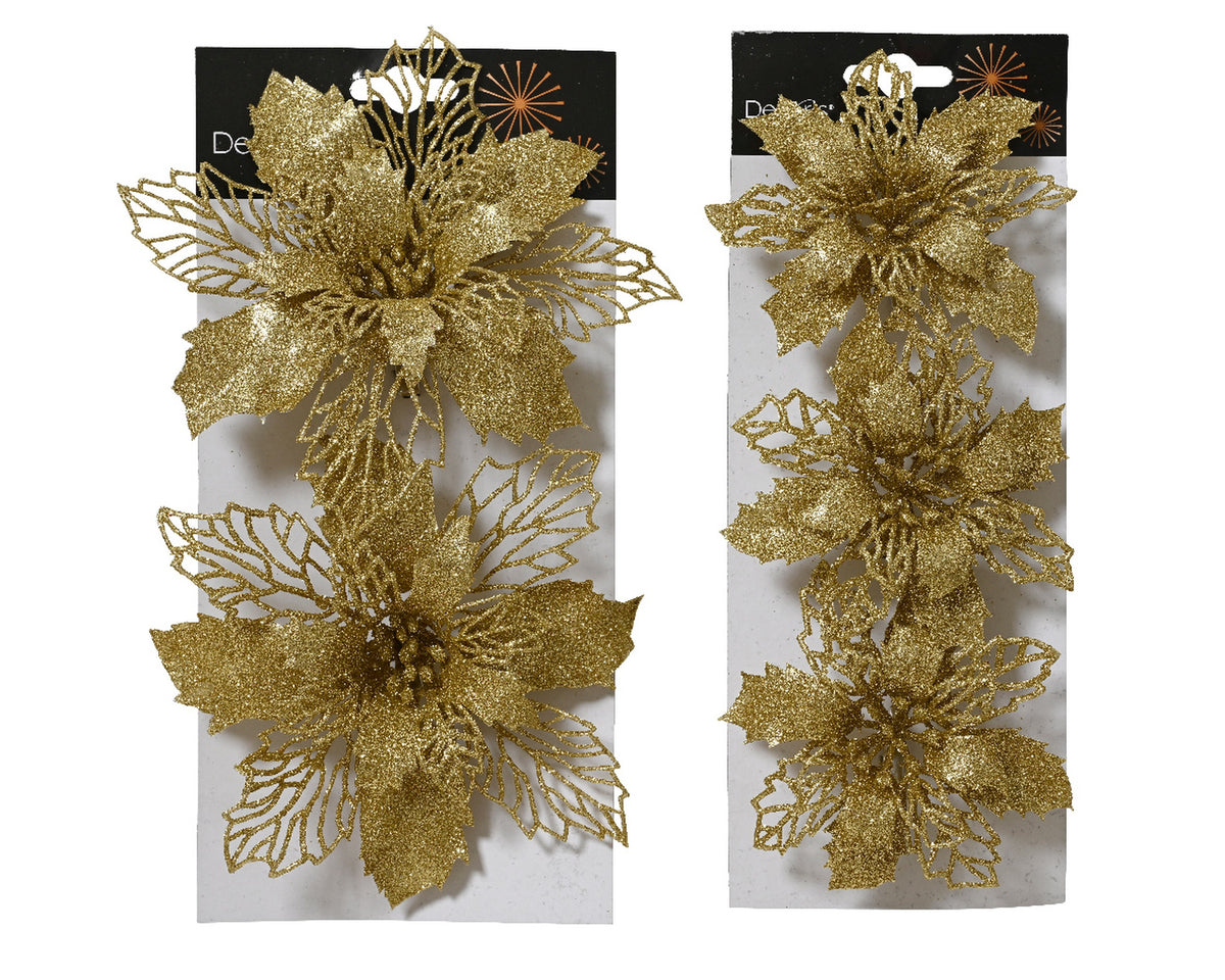 POINSETTIA ON CLIP PLASTIC 2ASS GOLD LARGO 2CM X ANCHO 13CM X ALTO 13CM