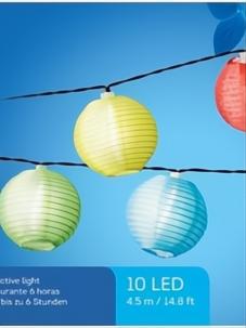 Solar string lights with colorful paper lanterns in yellow, green, blue, and red against a blue sky.