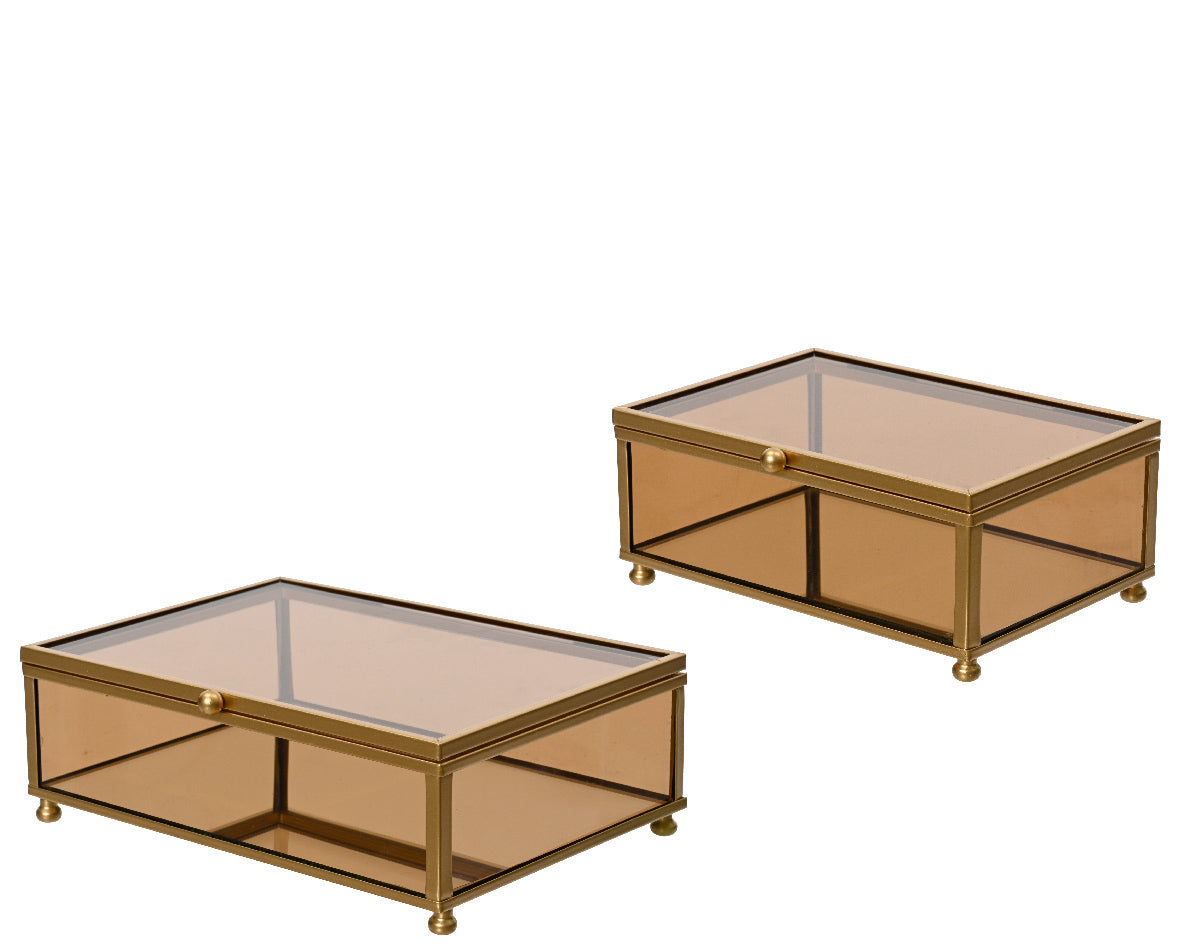 BOX GLASS GOLD METAL FRAME 13X18X6CM BROWN
