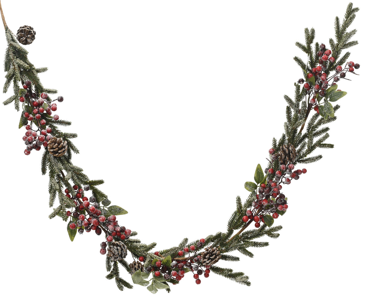 GARLAND FROSTED PINECONES RED BERRIES IND GREENRED