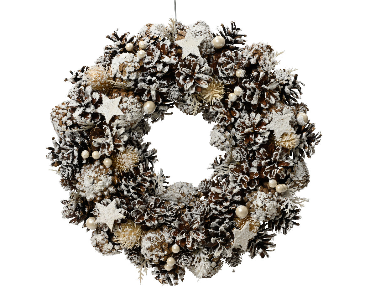 WREATH PINECONE LEAVES PEARLS STARS WHITE