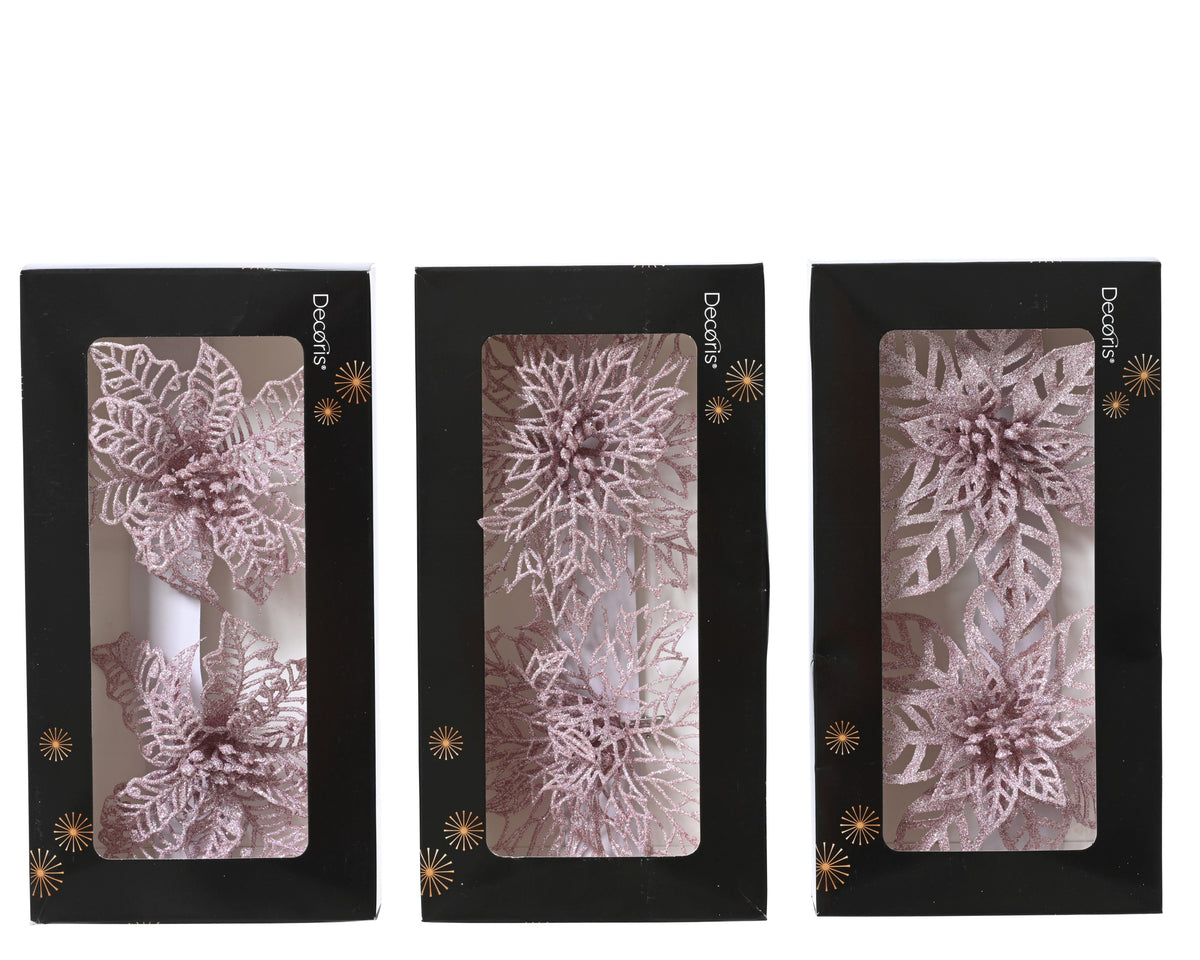 FLOWER ON CLIP PLASTIC GLITTER 3ASS BLUSH PINK