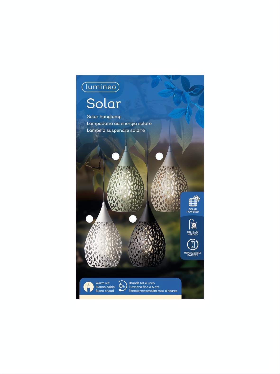 Four assorted color iron solar hanging lights with decorative cutouts, warm white LED.
