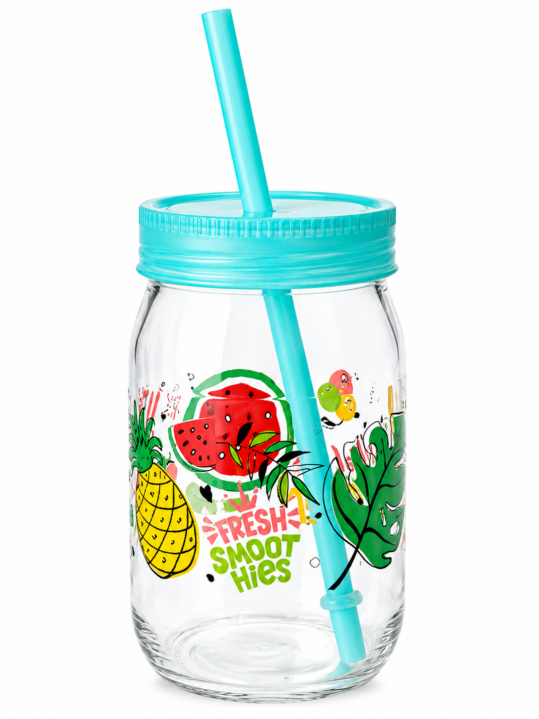 DRINKING MUG 370ML GLASS STRAW